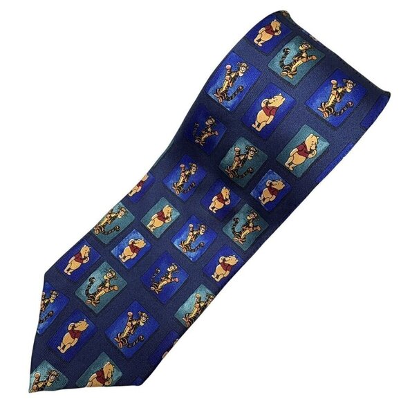 Disney Pooh Necktie Tie Rack Silk VTG 90s Tigger Pooh Squares Print Men’s Navy - Picture 1 of 6